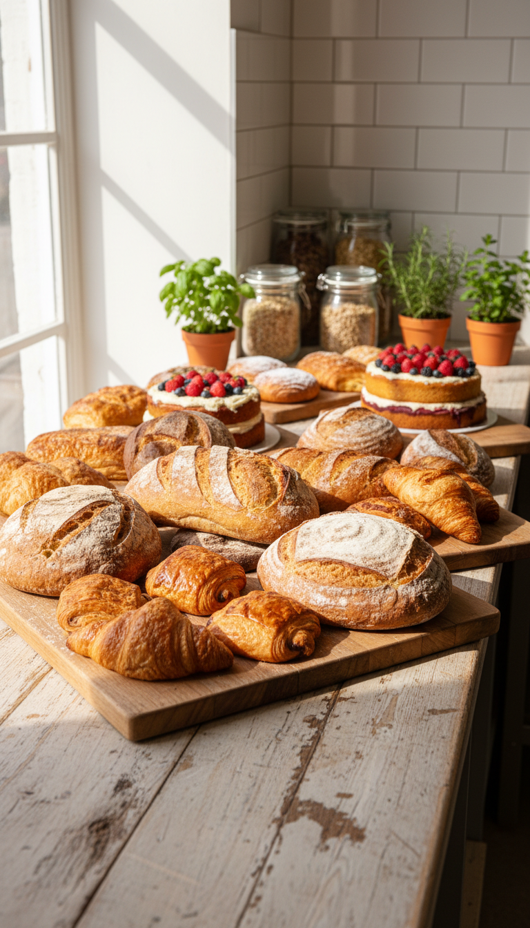 An assortment of artisan breads, pastries, and cakes presented on rustic wooden boards, each loaf and pastry boasting golden, flaky crusts and sprinkled flour. The display sits atop a reclaimed wood counter in a sunlit bakery kitchen with white tile walls, glass jars of ingredients and potted herbs in the blurred background. Gentle, natural daylight pours through a nearby window, casting soft shadows and warm highlights across the pastries. Captured from a slightly elevated angle to show detail and abundance, the composition is balanced and welcoming. The mood is inviting and homely, evoking the ease and warmth of a local bakery, with a style that blends photographic realism with rustic charm perfectly suited for a local Worthing bakery store.