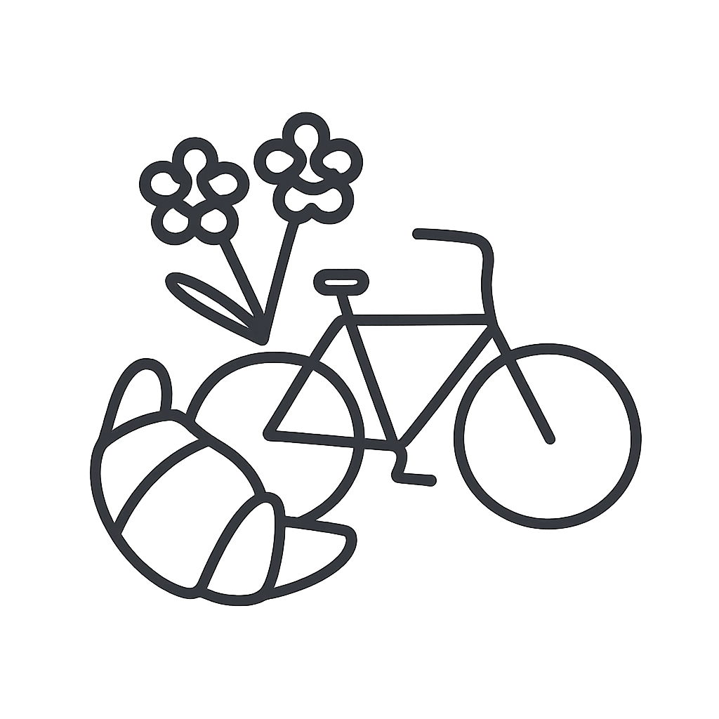 a logo featuring a bike, flowers, and a croissant